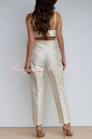 Chic Affair Satin Feather Trim Lapel Loose Blazer and High Rise Pocket Tapered Pants Set