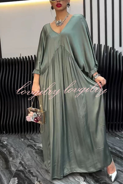 Satin Solid Color V-neck Lotus Leaf Sleeve Loose Pleated Maxi Dress
