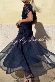 Unique Printed V-Neck Waisted Mesh Holiday Maxi Dress