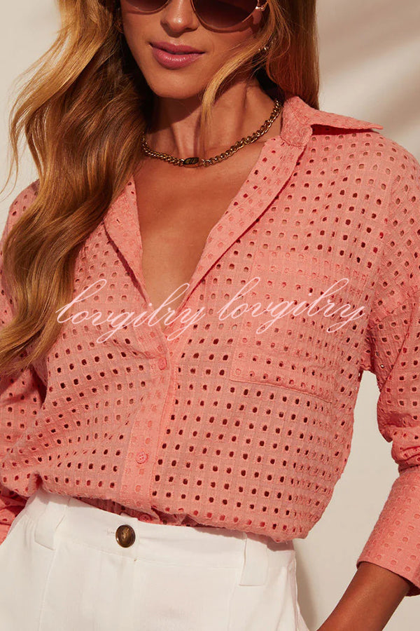 Fashionable Hollow Loose Button Pocket Shirt Top