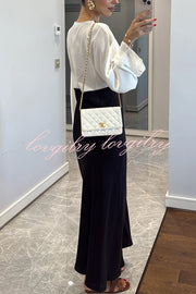 Lainei Contrast Color Satin Lace Trim V-neck Long Sleeve Maxi Dress