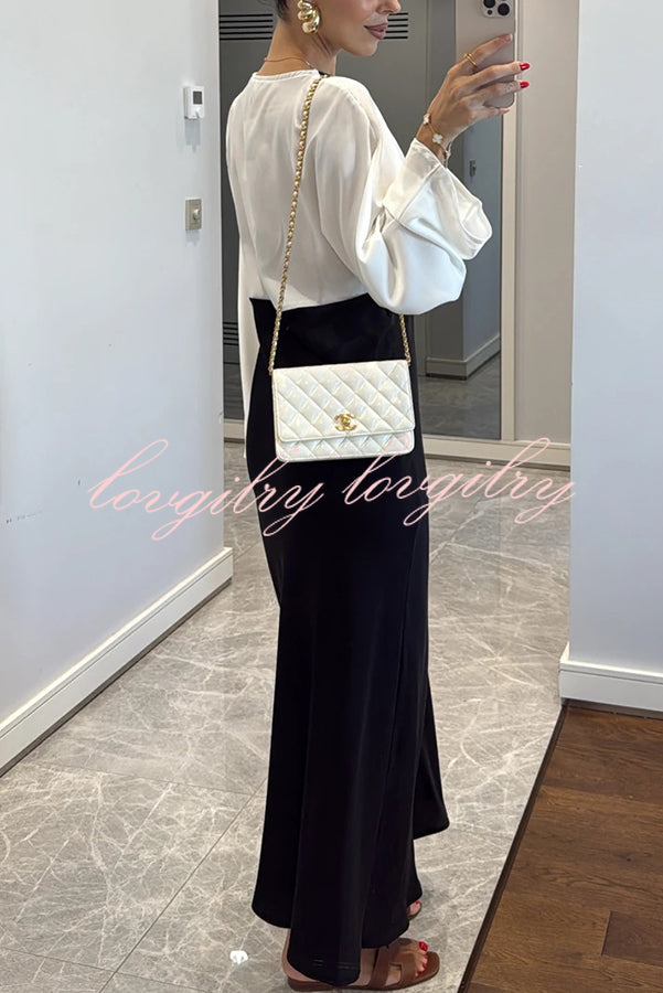 Lainei Contrast Color Satin Lace Trim V-neck Long Sleeve Maxi Dress