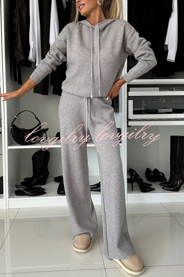 Solid Color Loose Hooded Tie Sweatshirt and Elastic Waist Casual Straight Pants Set