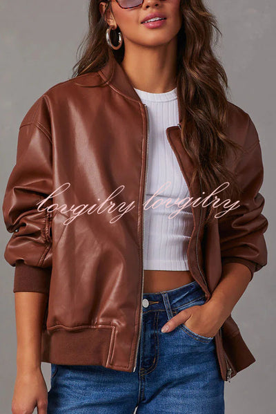 Solid Color Long Sleeve Loose Pocket Leather Jacket