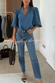 Fashion V-neck Button-down Lantern Sleeve Casual Denim Shirt