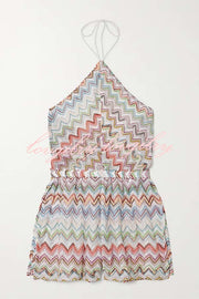 Juney Knit Colorful Zigzag Pattern Halter Neck Slit Wide Leg Loose Romper