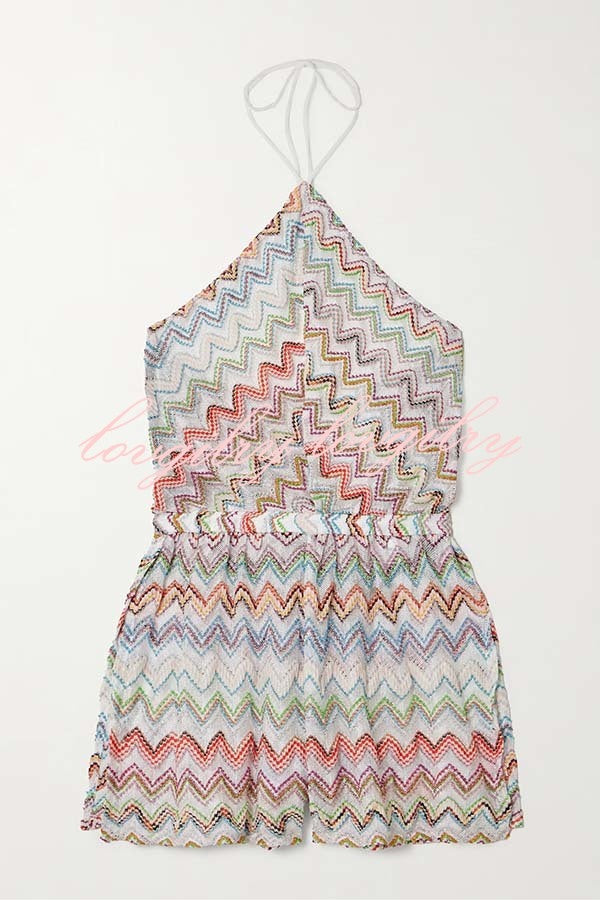 Juney Knit Colorful Zigzag Pattern Halter Neck Slit Wide Leg Loose Romper