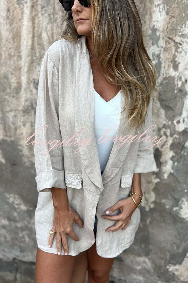 Olivia Linen Blend Lace Trim Half Sleeve Lapel Relaxed Blazer