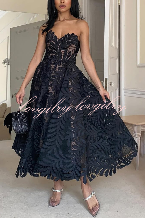 Elegant Openwork Lace Strapless Full-hem Midi Dress