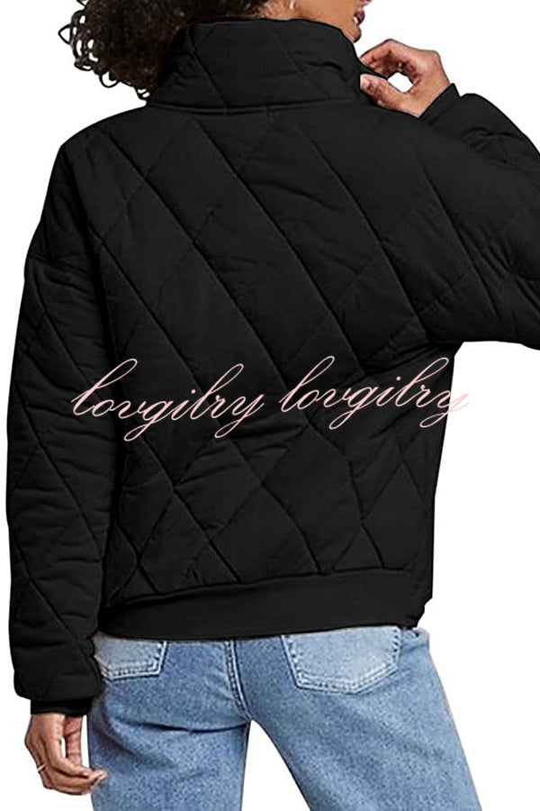 Solid Diamond Quilted Pocket Button Long Sleeve Coat