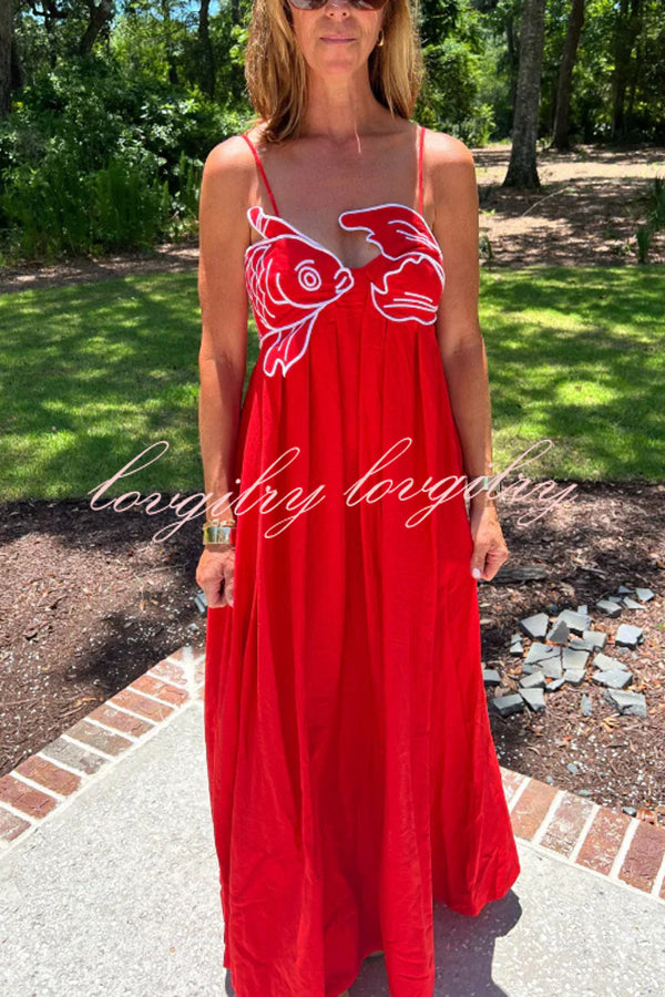 Red Fish Embroidered Sling Backless Maxi Dress