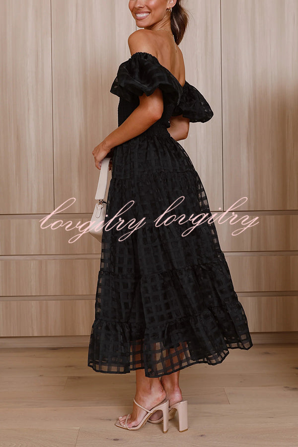 Solid Color Off-shoulder Lantern Sleeve Patchwork Midi Dress