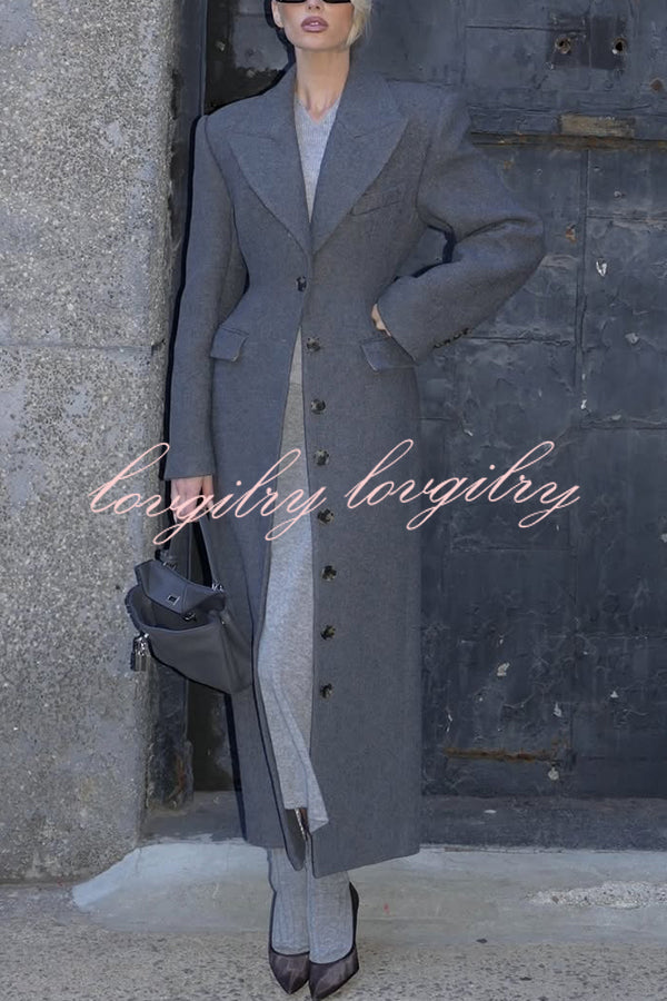 Elegant Lapel Long Sleeve Button High Waist Long Coat