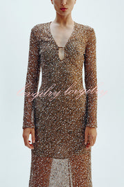 Fashion Sequined Hollow V-neck Long-sleeved Holiday Midi Dress