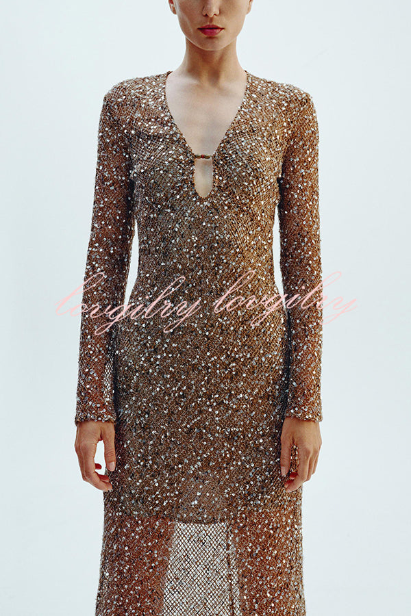 Fashion Sequined Hollow V-neck Long-sleeved Holiday Midi Dress