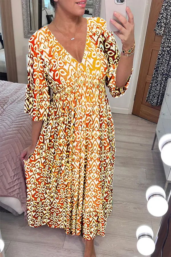 Fairytale Song Bohemian Print Stretch Frill Sleeve Loose Maxi Dress