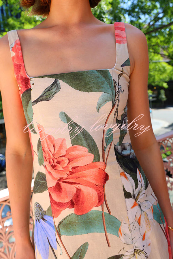 Floral Print Sleeveless Square Neck Big Hem Maxi Dress