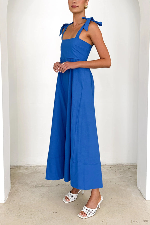 Solid Color Sling Lace-Up Backless Pleated Maxi Dress