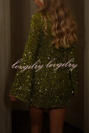 Dora Velvet Sequin High Neck Long Bell Sleeve H-line Mini Dress