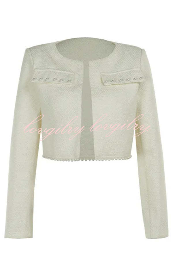 Stylish and Elegant Tweed Pearl-embellished Long-sleeved Jacket