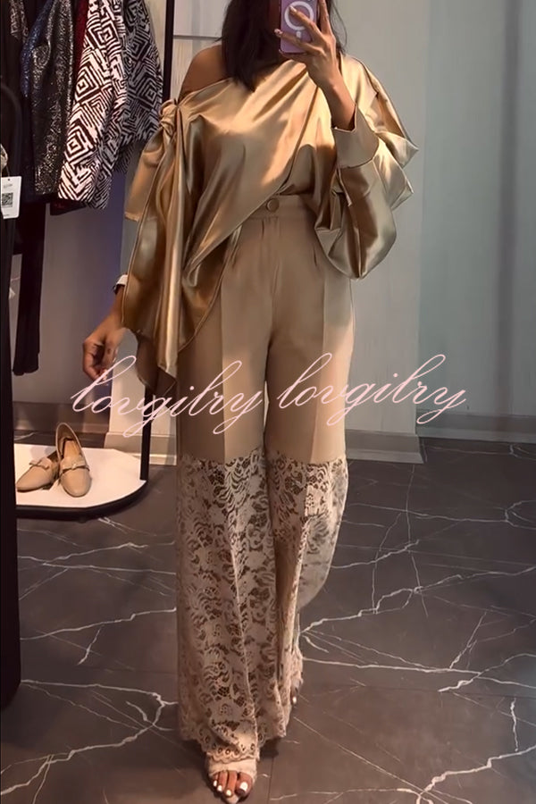 Chic Moment Satin Irregular Knot Slit Sleeve One Shoulder Loose Blouse