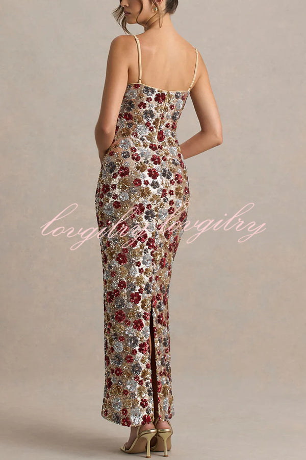 The Center of Attention Floral Print Sequin Square Neck Slip Stretch Maxi Dress