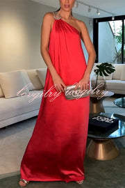 Charming Glance Satin Metal Hardware One Shoulder Loose Maxi Dress