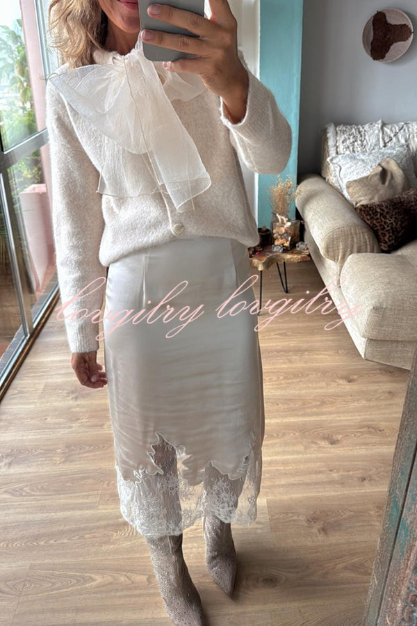 Orozco Knit Organza Bow Button-down Long Sleeve Loose Cardigan