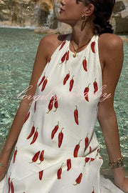 Spicy Summer Chili Pepper Unique Print Soft Fabric Halter Loose Mini Dress