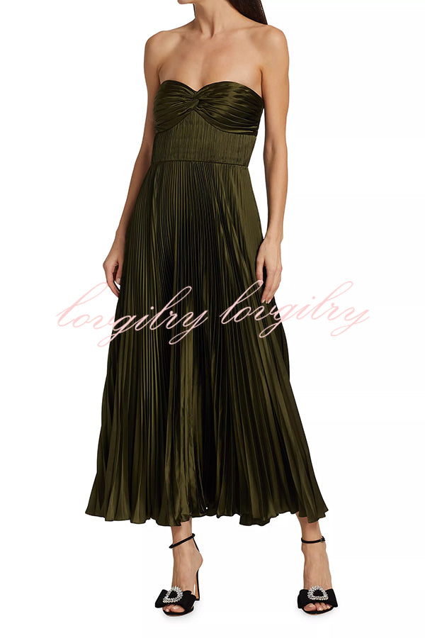 Love Note Satin Sweetheart Twist Off Shoulder Pleated Maxi Dress