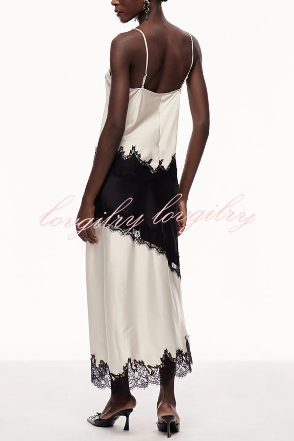 Party Focus Contrast Color Satin Lace Trim V-Neck Slip Tank