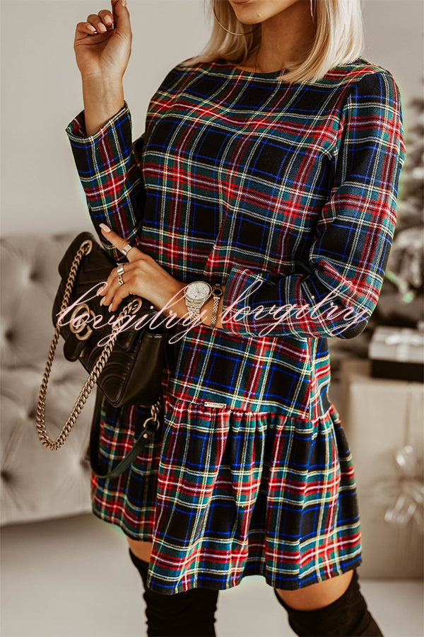 Fashionable Plaid Print Long Sleeve Round Neck Slim Fit Mini Dress