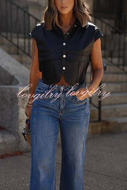 Stylish Weekend Faux Leather Button Up Cape Sleeve Pocket Crop Top