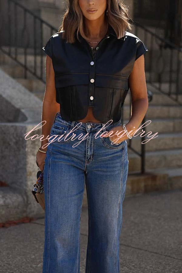 Stylish Weekend Faux Leather Button Up Cape Sleeve Pocket Crop Top