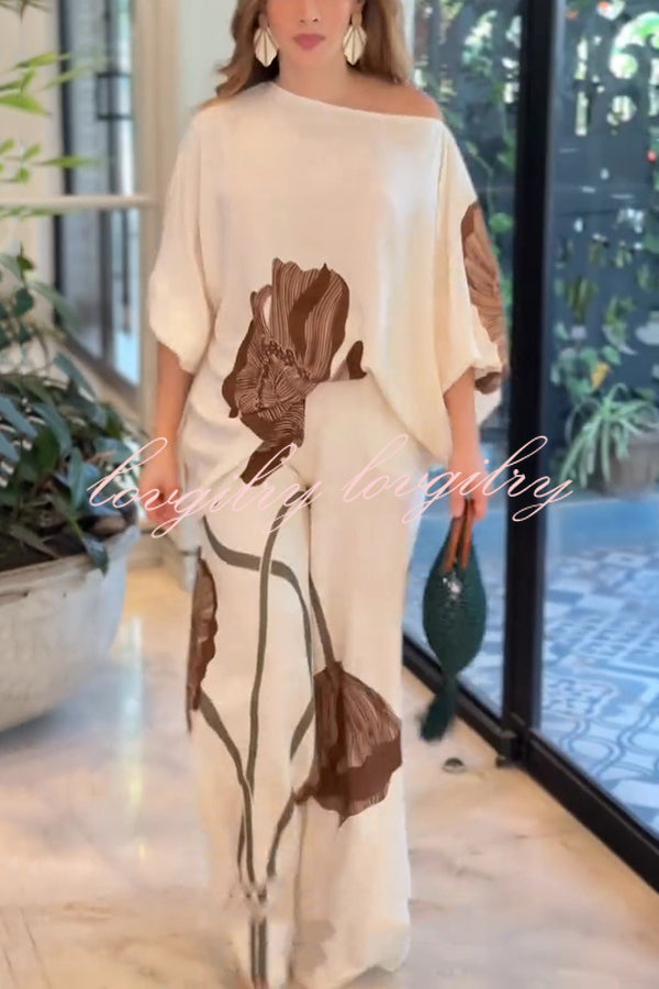 Floral Print Batwing Sleeves Loose-fitting Top and Relaxed Pocket Straight Pants Set