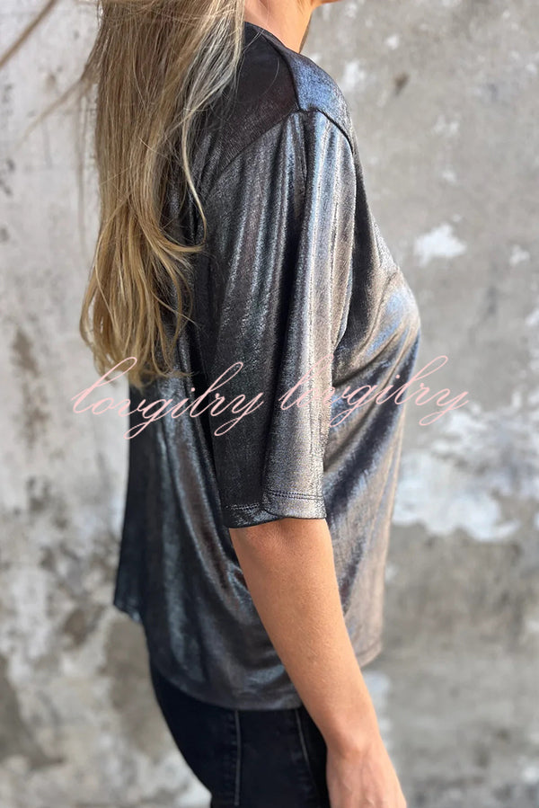 Metallic Solid Color Round Neck Short-sleeved Loose T-shirt