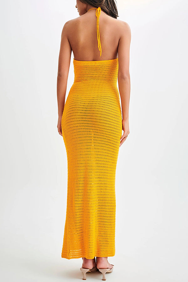 Call It Chic Knit Floral Crochet Halter Fishtail Hem Maxi Dress