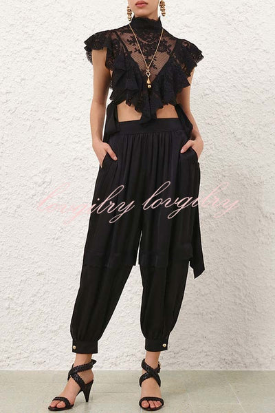Esella Satin Gathered Waist Pocket Button Ankle Cuffs Harem Pant