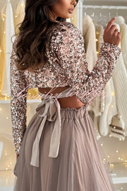 Holiday Party Sequin Long Sleeve Back Satin Tie-up Crop Top
