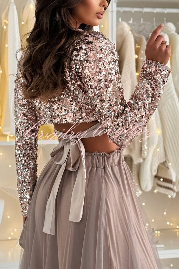 Holiday Party Sequin Long Sleeve Back Satin Tie-up Crop Top