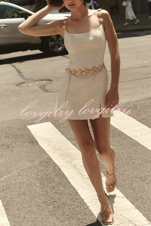 Timeless Exquisite Tweed Fabric Metal Coin Chain Detail Slip Mini Dress