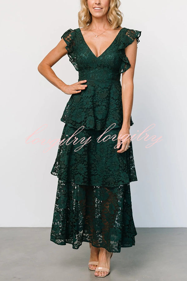 Lace V-neck Ruffled Sleeves Cinched Waist Maxi Dress