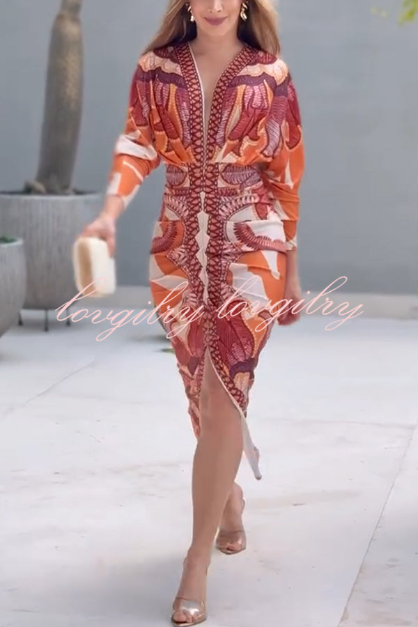 Brazilian Style Unique Print Dolman Long Sleeve Ruched Slit Midi Dress