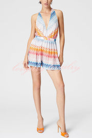 Eleanor Knit Colorful Zigzag Pattern Halter V-neck Tie-up Loose Romper