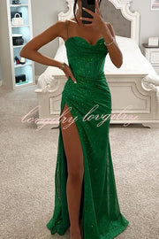 Romantic Occasion Sequin Cowl Neck Corset Slit Maxi Dress