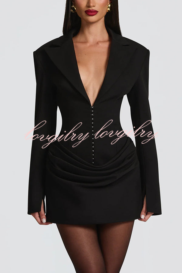 Solid Color Slim-fit V-neck Elegant Draped Formal Mini Dress