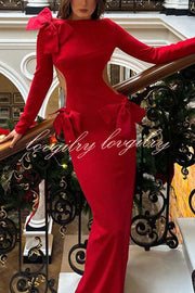 Lovely Bow Cutout Button Back Zipper Long Sleeve Maxi Dress