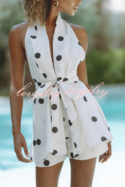 Gabby Linen Blend Polka Dot Tie-up Lapel Halter Vest and Metal Ring Belt Loose Shorts Set
