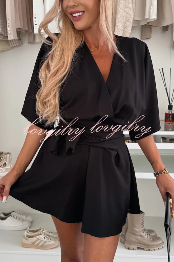 Stylish Comfortable V-neck Wide Sleeve Tie-up Loose Romper
