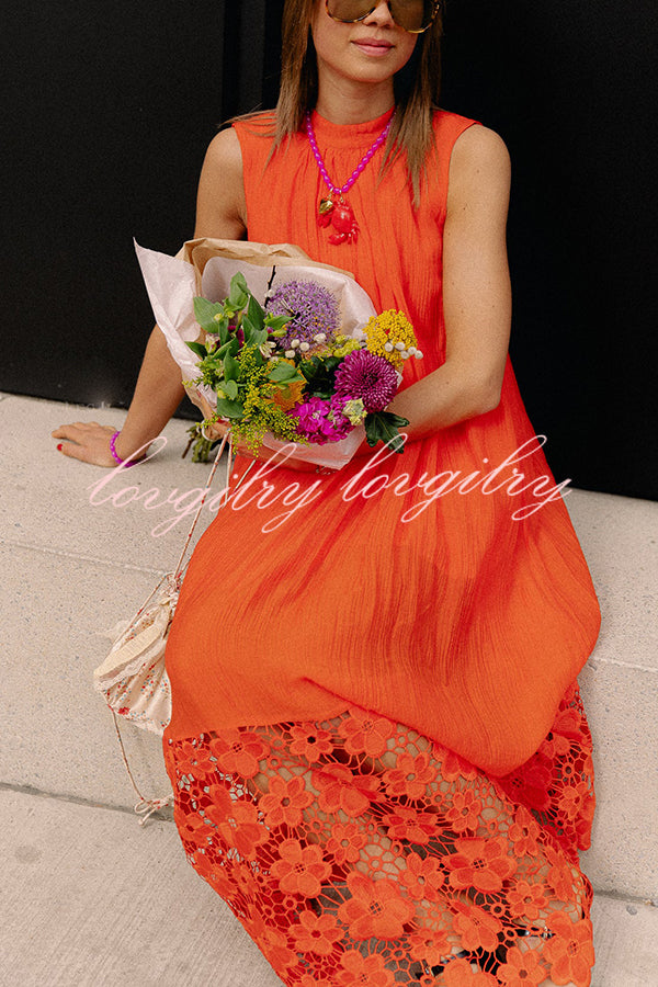 Breezy Comfort Tie-up Neck Sleeveless Floral Lace Hem Maxi Dress